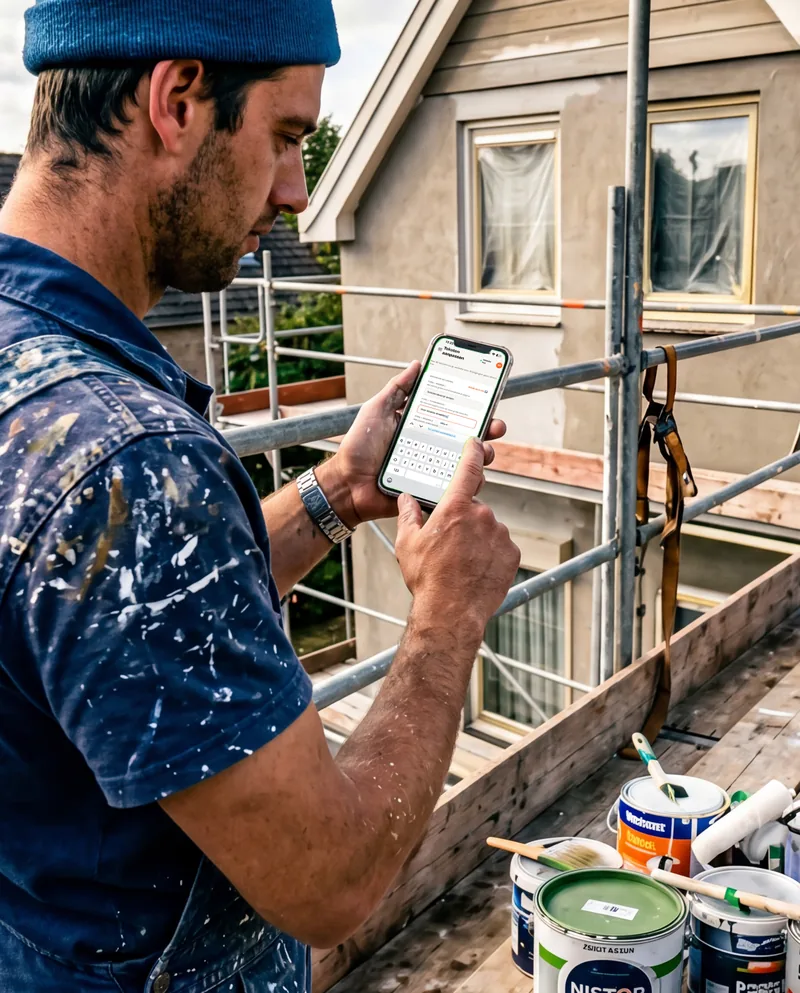 Schilder bekijkt zijn website op zijn telefoon tijdens het werk